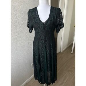 Vtg Nostalgia Lace Overlay Dress Dark Green Midi V Neck M Forest Fairy Grudge